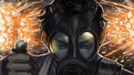 artist:spessmenart explosion gas_mask human looking_at_viewer solo // 1280x719 // 1.4MB