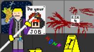 artist:anonymous blood bodily_fluids fire head_of_security human janitor mop outer_space pixel_art poster solo // 768x426 // 12.0KB