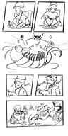 anthro artist:dizor comic diona diona_nymph eating food grey hat helmet human monochrome nonhuman proboscis security security_officer vox // 350x700 // 113.9KB