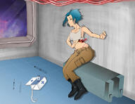 artist:anonymous blood blue_hair bodily_fluids female jackboots medkit needle outer_space pill_bottle see_through shirtless solo surgery // 800x618 // 162.6KB