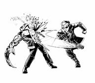 artist:feih changeling fighting head_of_security human monochrome sec_hud stun_baton weapon // 1200x1050 // 146.3KB