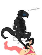 anthro artist:xenopera blush bulge footjob genitals human male nonhuman penis speech stealth_suit talon vox // 1840x2404 // 1.0MB