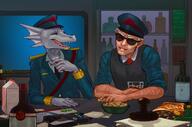 alcohol anthro artist:spessmenart bar drinking food glasses gun hat head_of_personnel human laser_gun laughing lizardmen male nonhuman suit sunglasses tie weapon // 1280x847 // 1.1MB