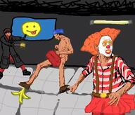 artist:anonymous banana beret clown hallway head_of_security human stun_baton toolbox weapon // 600x511 // 308.5KB