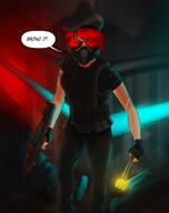 artist:spessmenart beret breath_mask corpse death female glasses gun hallway human looking_at_viewer red_hair speech stun_baton sunglasses weapon // 1000x1261 // 202.4KB