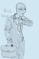 artist:anonymous briefcase character:b'ale_voss glasses grey iaa monochrome nonhuman solo suit sunglasses text tie // 474x722 // 206.8KB