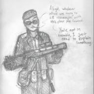 artist:machofish beret cigar female glasses gun hat head_of_security human ion_rifle monochrome smoking solo speech sunglasses weapon // 894x900 // 800.6KB