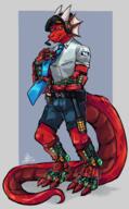 absurd_res anthro artist:viledice beret character:zil-bar cybernetics flashbang lizardmen nonhuman red_body robotic_limb security solo stun_baton weapon // 4327x6978 // 14.0MB