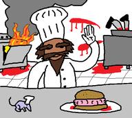 artist:anonymous assistant beard blood bodily_fluids body_hair burger chef facial_hair fire food gibber hat mouse mustache smoke // 500x449 // 19.5KB