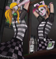 alcohol artist:anonymous blonde_hair female human long_hair looking_at_viewer mime mirror pda rabbit_ears skirt solo // 1200x1249 // 352.4KB