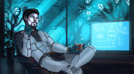 alcohol artist:spessmenart beard body_hair computer cybernetics drinking facial_hair human looking_at_viewer male mustache robotic_limb solo // 1280x709 // 263.9KB